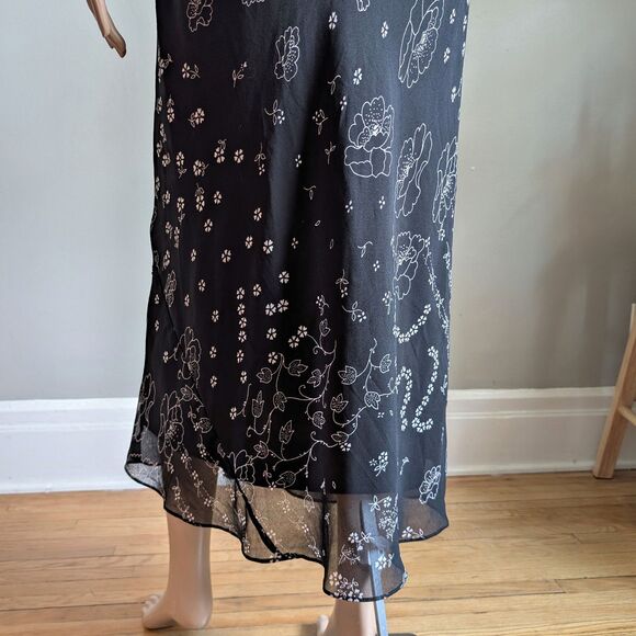 Vintage 90s Y2K Eva Blue Black Midi Dress Floral Beaded Whimsygoth Fairycore 6 - Picture 6 of 8